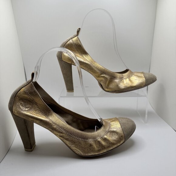 Chanel Scrunch Pumps Suede Cap Toe Leather Rubber Sole Slip-On Gold/Grey 41.5 - Picture 2 of 16